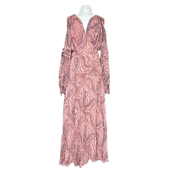 Free People Mirage Long Sleeve Maxi Dress Peach Pink Paisley Size 6 Boho Hippie - Picture 3 of 13